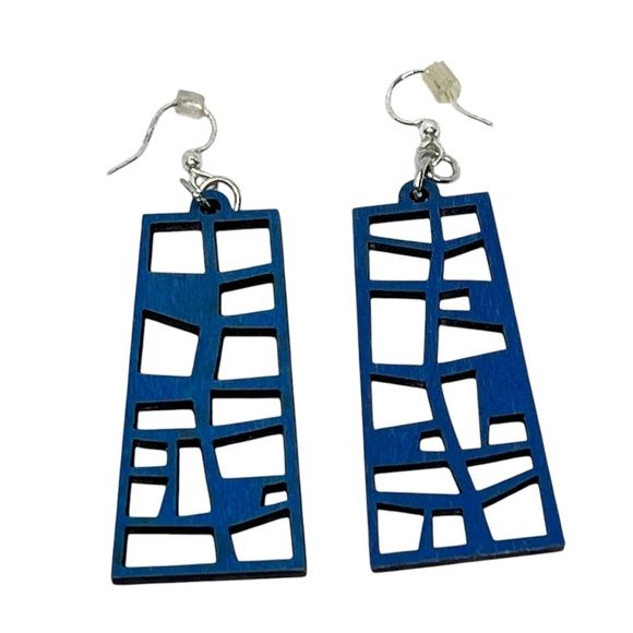 LASER CUT WOOD Window Panel Design Blue Dangle Earrings - Picture 1 of 15